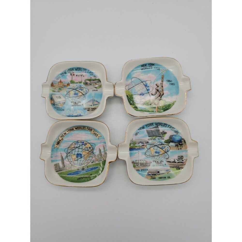 World's Fair 1964 New York Unisphere Stack Ashtray Set 4 Souvenir Gold Trim
